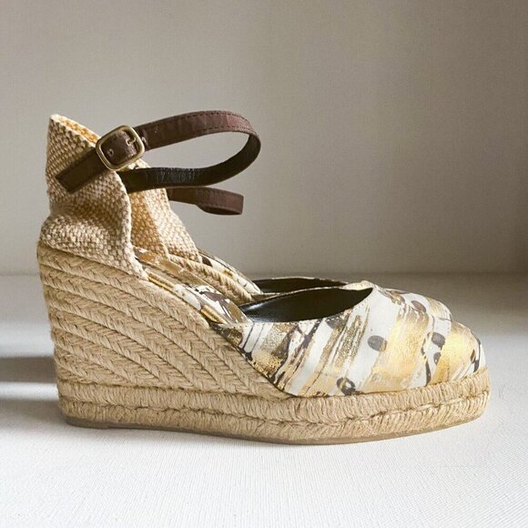 Desigual Shoes - DESIGUAL Gold Paint Splatter Espadrille Wedges Sz 40